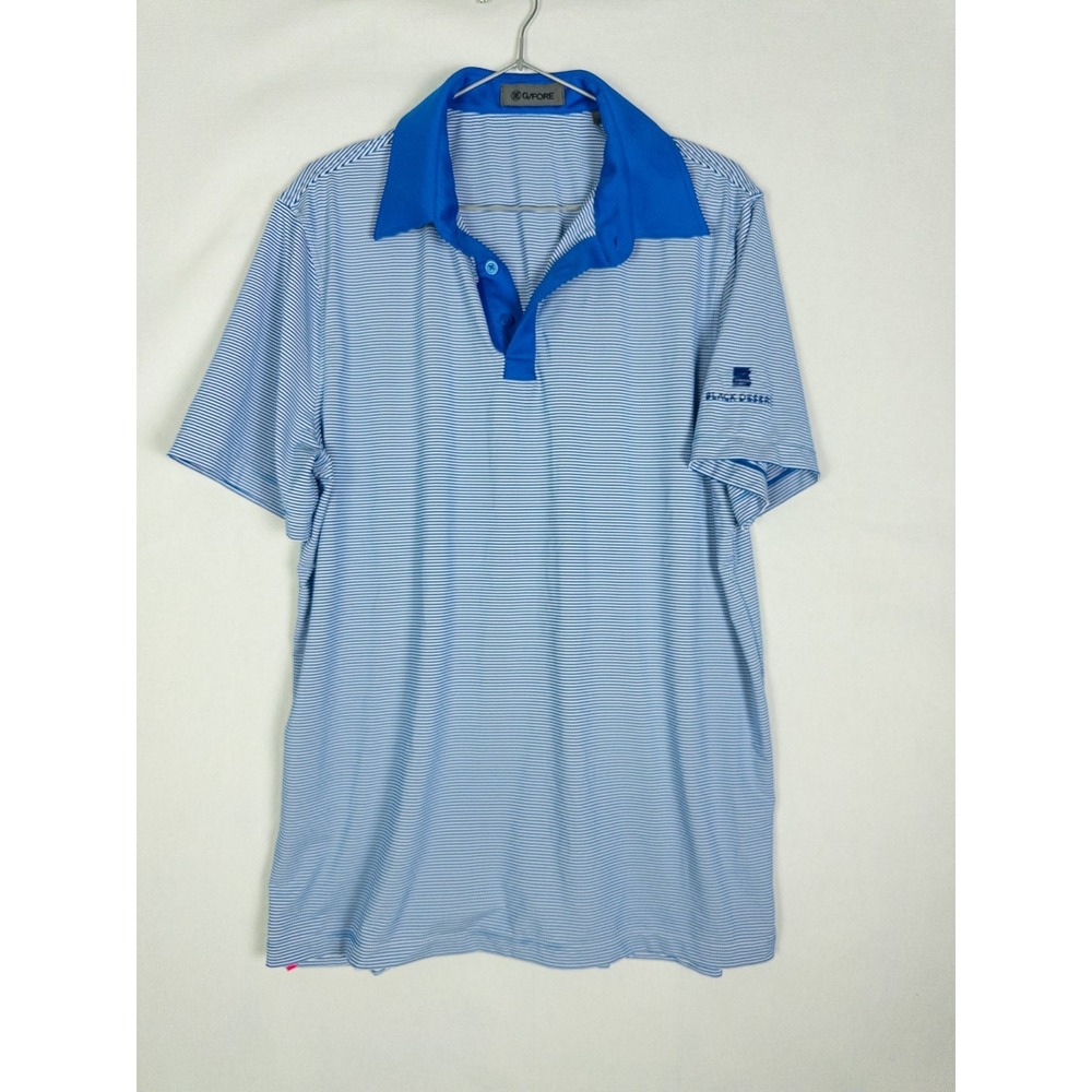 G/Fore Mens Blue White Striped Short Sleeve Golf Polo Shirt Black Performance